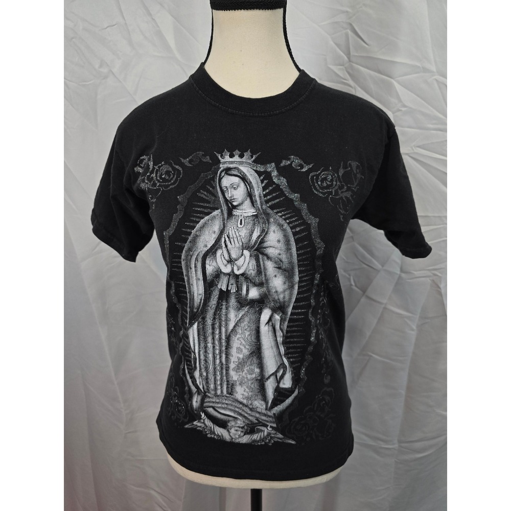 Thessh Virgin Mary of Guadalupe Graphic T-Shirt Black Glitter Accents Small